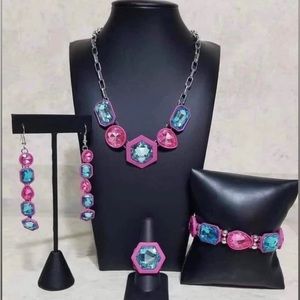 Pink & Blue Necklace, Earrings, Bracelet and Ring set